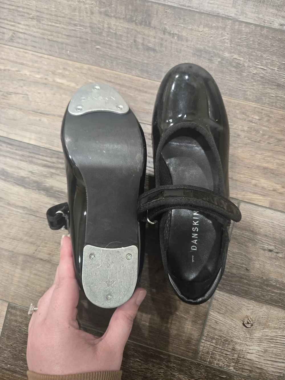 Danskin Size 1 Girls Black Patent Mary Jane Flats Tap Shoes For Dance Recital